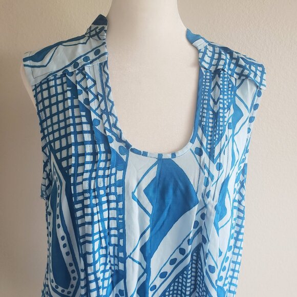 Plenty by Tracy Reese Top Blue Lightweight Soft Pleated Hi Low Geometric Size M - Picture 2 of 8